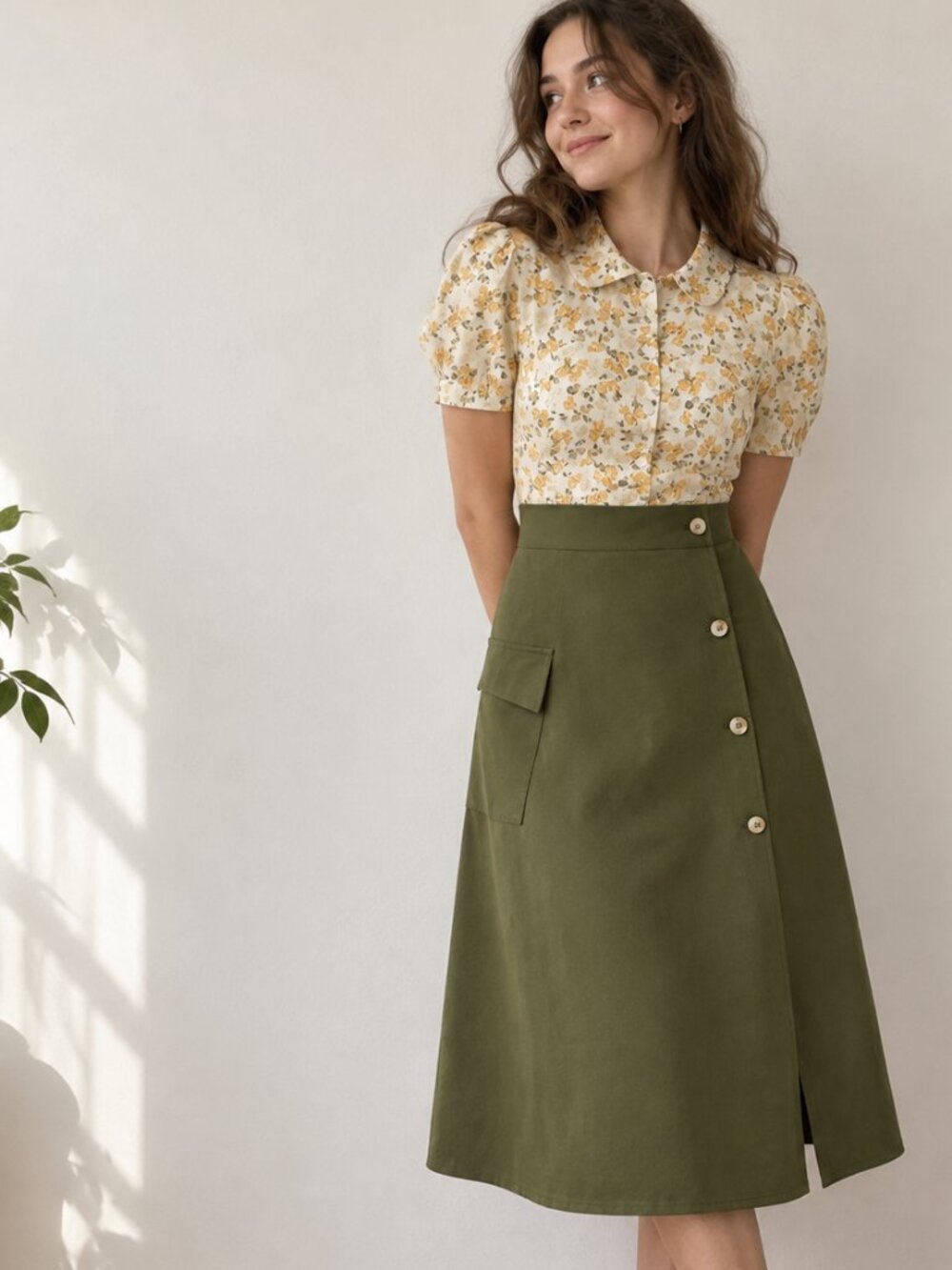 Green Midi Skirt+Floral Short Sleeve Blouse